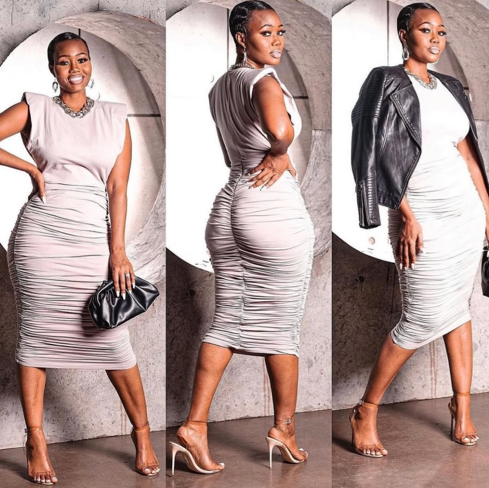 Shoulder Pad  Ruched Dress in Light Gray